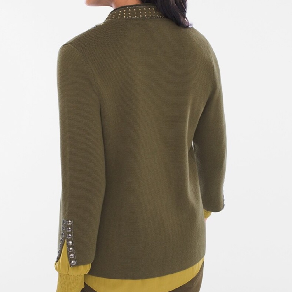 CHICO’S PETITE L 100% COTTON MILITARY STYLE EMBELLISHED CARDIGAN AMBERED OLIVE - Picture 8 of 9